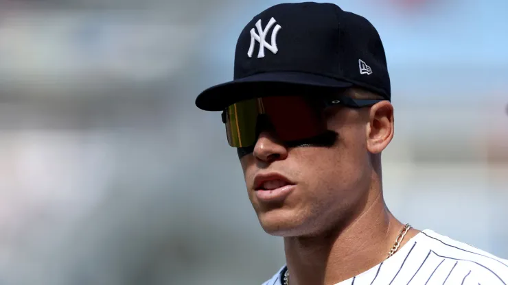  Aaron Judge #99 of the New York Yankees looks on against the Boston Red Sox at Yankee Stadium on September 15, 2024 in the Bronx borough of New York City.
