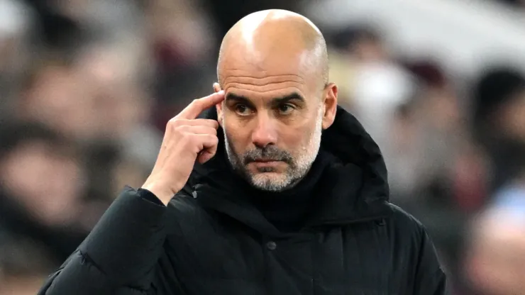 Pep Guardiola, Manager of Manchester City, gestures during the Premier League match between Aston Villa and Manchester City at Villa Park on December 06, 2023 in Birmingham, England.
