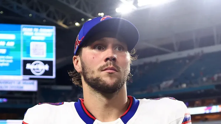 Josh Allen #17 of the Buffalo Bills walks off the field after defeating the Miami Dolphins in the game at Hard Rock Stadium on September 12, 2024 in Miami Gardens, Florida.
