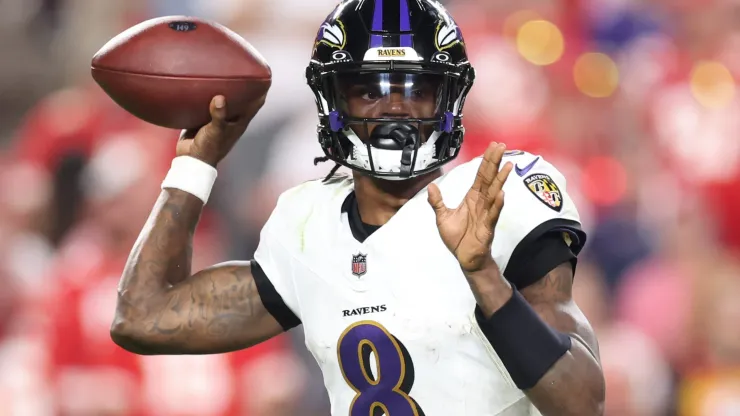 Quarterback Lamar Jackson #8 of the Baltimore Ravens passes against the Kansas City Chiefs during the third quarter at GEHA Field at Arrowhead Stadium on September 05, 2024 in Kansas City, Missouri.
