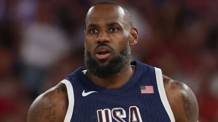 LeBron James #6 of Team United States looks on during the Men's Gold Medal game between Team France and Team United States on day fifteen of the Olympic Games Paris 2024 at Bercy Arena.
