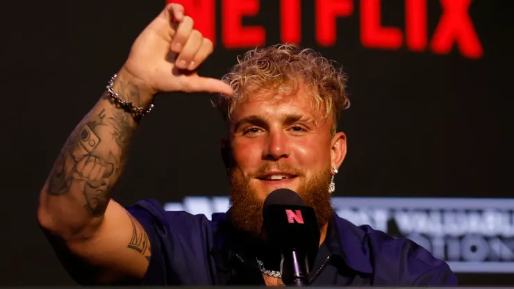 Jake Paul speaks onstage at the press conference in promotion for the upcoming Jake Paul vs. Mike Tyson boxing match at The Apollo Theater on May 13, 2024 in New York City.
