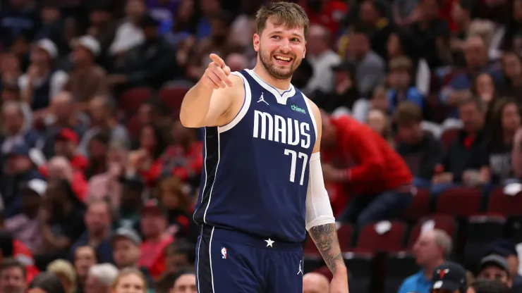 Luka Doncic #77 of the Dallas Mavericks reacts against the Chicago Bulls
