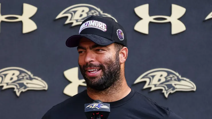 Kyle Van Noy #53 of the Baltimore Ravens addresses the media during training camp at Under Armour Performance Center Baltimore Ravens on August 12, 2024 in Owings Mills, Maryland.
