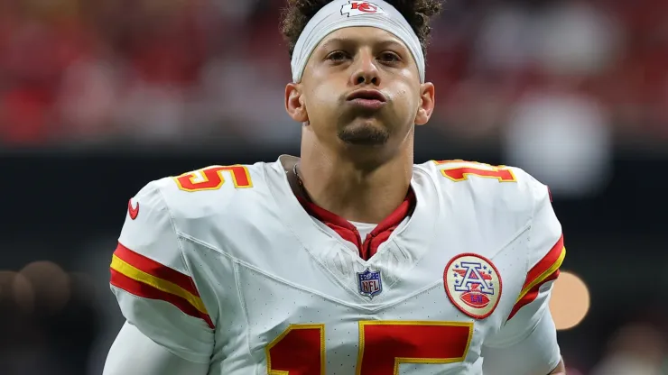 Patrick Mahomes #15 of the Kansas City Chiefs reacts prior to the game against the Atlanta Falcons at Mercedes-Benz Stadium on September 22, 2024 in Atlanta, Georgia.
