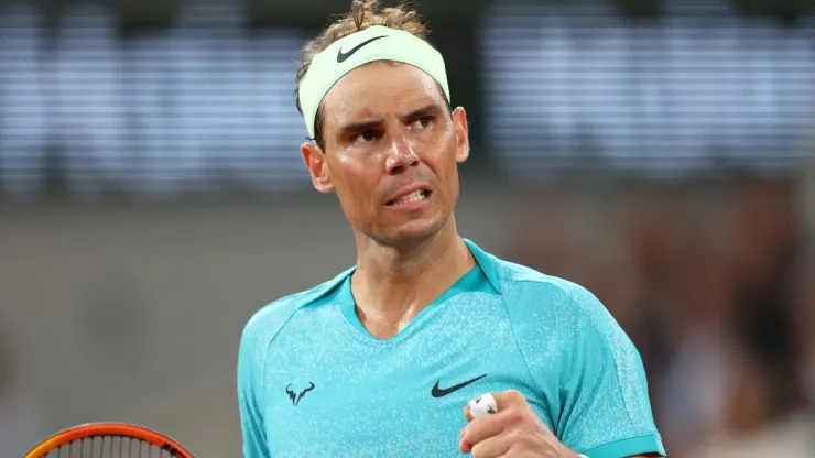 Rafael Nadal of Spain celebrates a point against Alexander Zverev of Germany in the Men's Singles first round match on Day Two of the 2024 French Open at Roland Garros on May 27, 2024 in Paris, France. 
