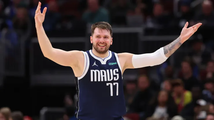 Luka Doncic #77 of the Dallas Mavericks reacts against the Chicago Bulls
