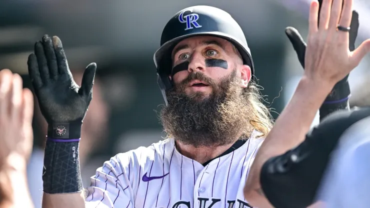 Charlie Blackmon #19 of the Colorado Rockies celebrates his eighth inning run against the Atlanta Braves at Coors Field.
