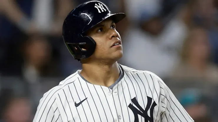 Juan Soto #22 of the New York Yankees watches the flight of his sixth inning two run home run against the Kansas City Royals at Yankee Stadium on September 11, 2024 in New York City.
