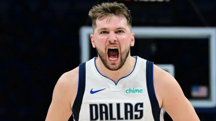 Luka Doncic #77 of the Dallas Mavericks reacts during the fourth quarter against the Oklahoma City Thunder in Game Two of the Western Conference Second Round Playoffs at Paycom Center.
