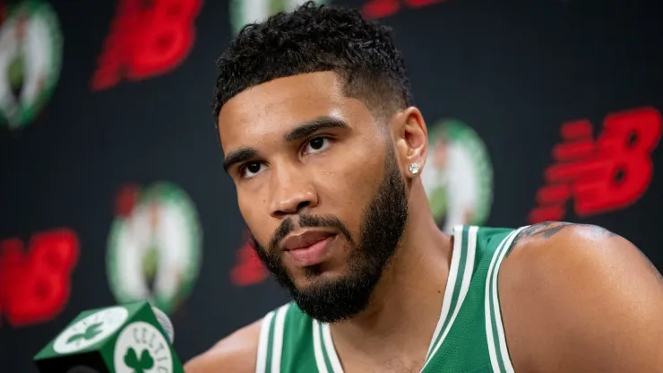 Jayson Tatum #0 of the Boston Celtics speaks to the media during Boston Celtics Media Day at The Auerbach Center on September 24, 2024 in Boston, Massachusetts. 
