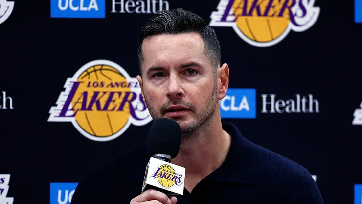  Head coach JJ Redick of the Los Angeles Lakers speaks with the media during a press conference at UCLA Health Training Center on September 25, 2024 in El Segundo, California.
