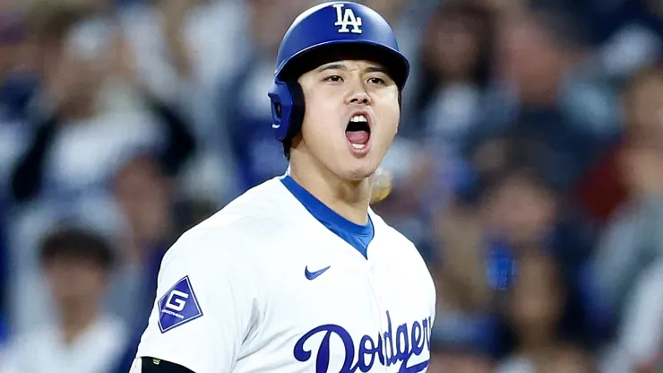 Shohei Ohtani #17 of the Los Angeles Dodgers after hitting a single against the San Diego Padres in the sixth inning at Dodger Stadium on September 25, 2024 in Los Angeles, California.
