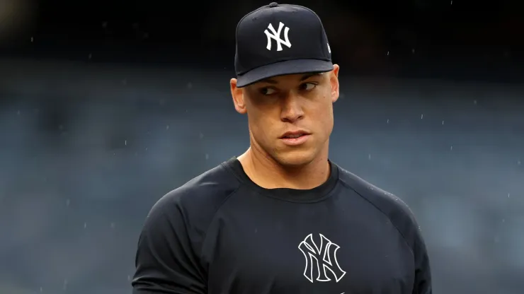 Aaron Judge #99 of the New York Yankees looks on during batting practice before the game against the Baltimore Orioles at Yankee Stadium on September 25, 2024 in the Bronx borough of New York City.
