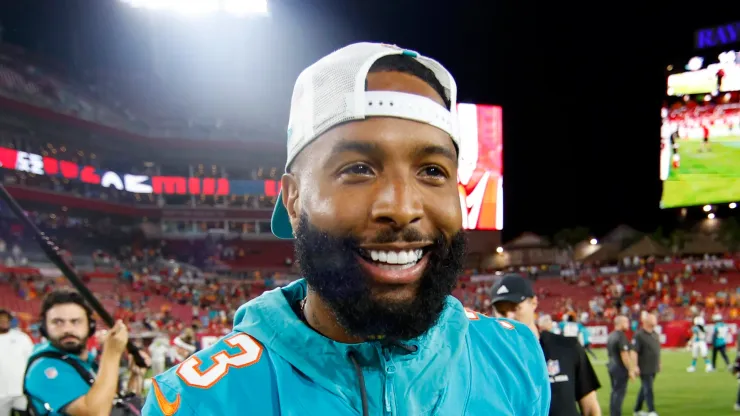 Odell Beckham Jr. #3 of the Miami Dolphins walks off the field during a preseason game against the Tampa Bay Buccaneers at Raymond James Stadium on August 23, 2024 in Tampa, Florida. 
