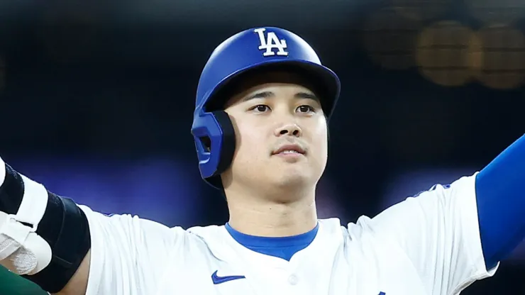 Shohei Ohtani #17 of the Los Angeles Dodgers reacts after a rbi double against the San Diego Padres in the fourth inning at Dodger Stadium on September 25, 2024 in Los Angeles, California.
