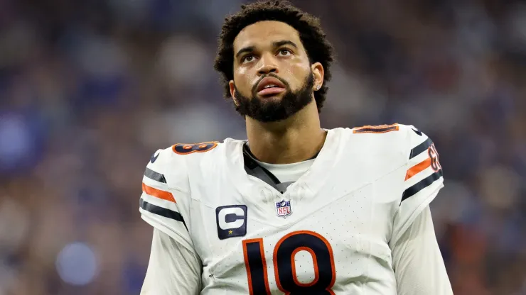 Quarterback Caleb Williams #18 of the Chicago Bears looks on against the Indianapolis Colts during the second half of the game at Lucas Oil Stadium on September 22, 2024 in Indianapolis, Indiana.
