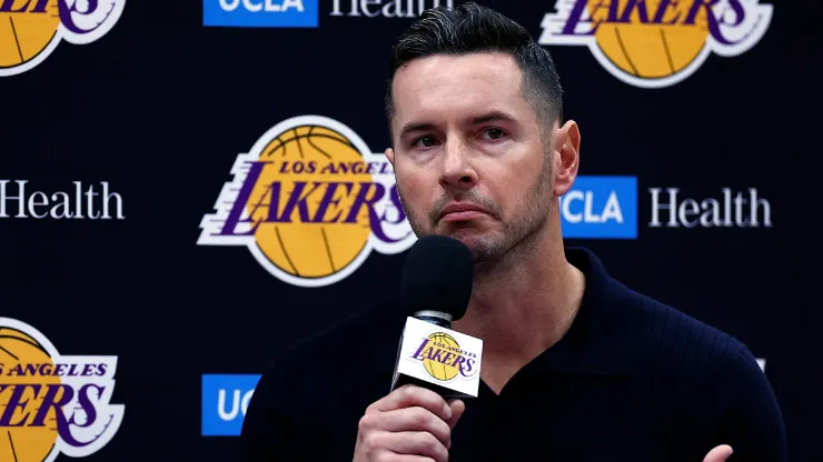 Head coach JJ Redick of the Los Angeles Lakers speaks with the media during a press conference at UCLA Health Training Center on September 25, 2024 in El Segundo, California.
