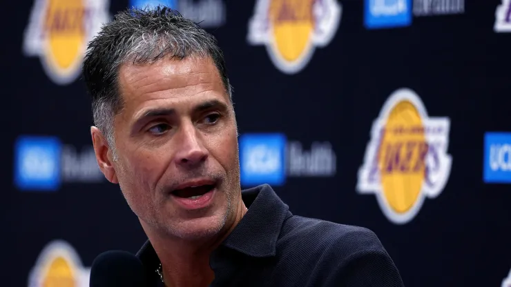 General Manager Rob Pelinka of the Los Angeles Lakers speaks with the media during a press conference at UCLA Health Training Center on September 25, 2024 in El Segundo, California. 
