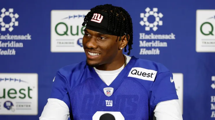 Wide receiver Malik Nabers speaks to the media during New York Giants Rookie Minicamp at Quest Diagnostics Training Center on May 10, 2024 in East Rutherford, New Jersey.
