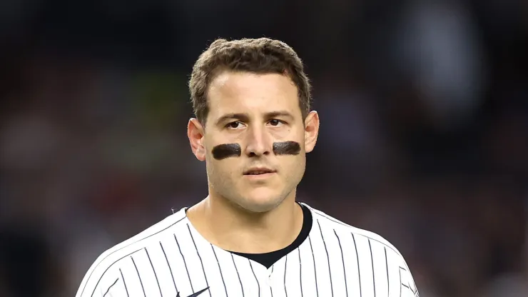 Anthony Rizzo #48 of the New York Yankees looks on against the Boston Red Sox at Yankee Stadium on September 12, 2024 in the Bronx borough of New York City. 
