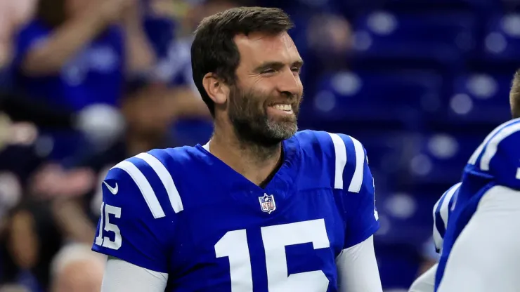 Joe Flacco #15 of the Indianapolis Colts reacts on the field prior to a game against the Chicago Bears at Lucas Oil Stadium on September 22, 2024 in Indianapolis, Indiana.
