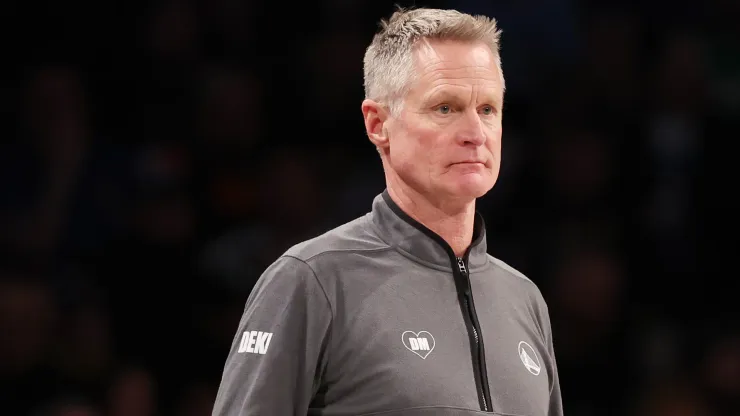 Steve Kerr, Head Coach of the Golden State Warriors looks on against the Brooklyn Nets
