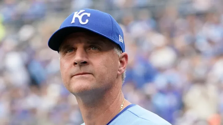 Managaer Matt Quatraro #33 of the Kansas City Royals brings out the starting lineup prior to their game against the Minnesota Twins on Opening Day at Kauffman Stadium on March 30, 2023 in Kansas City, Missouri.
