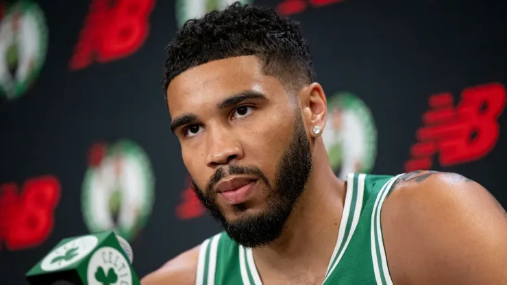 Jayson Tatum #0 of the Boston Celtics speaks to the media during Boston Celtics Media Day at The Auerbach Center on September 24, 2024 in Boston, Massachusetts.
