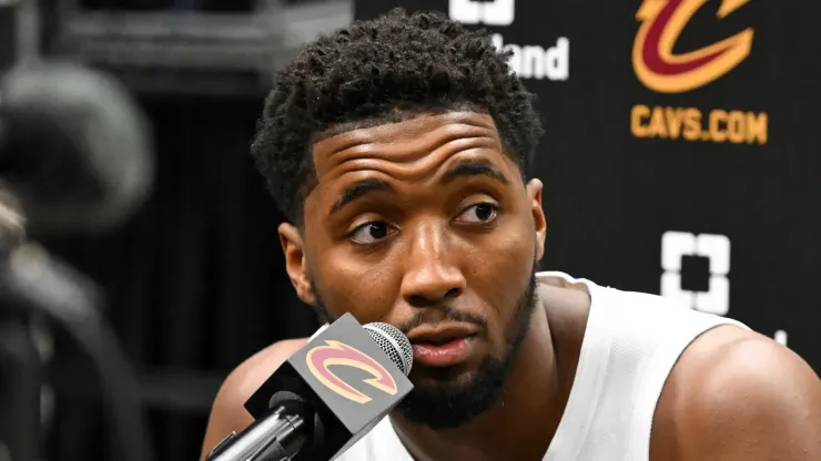 Donovan Mitchell #45 of the Cleveland Cavaliers speaks to the media during Cleveland Cavaliers Media Day at Rocket Mortgage Fieldhouse on September 30, 2024 in Cleveland, Ohio.
