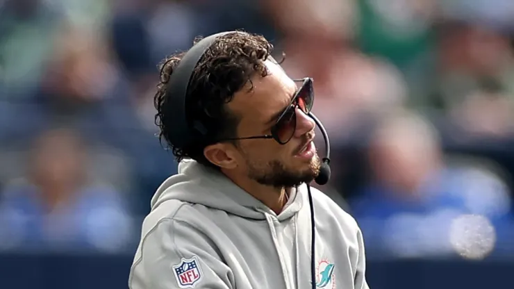 Mike McDaniel, head coach of the Miami Dolphins, reacts during the third quarter against the Seattle Seahawks at Lumen Field on September 22, 2024 in Seattle, Washington.
