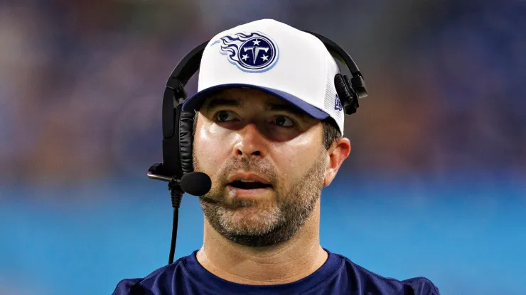 New Head Coach Brian Callahan of the Tennessee Titans on the sidelines during the second half of the first preseason game against the San Francisco 49ers at Nissan Stadium on August 10, 2024 in Nashville, Tennessee. The Titans defeated the 49ers 17-13.
