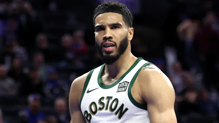 Jayson Tatum #0 of the Boston Celtics reacts during the fourth quarter against the Philadelphia 76ers at the Wells Fargo Center on November 15, 2023 in Philadelphia, Pennsylvania. 
