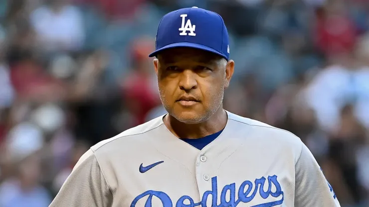 Manager Dave Roberts of the Los Angeles Dodgers looks on before Game Three of the Division Series against the Arizona Diamondbacks at Chase Field.
