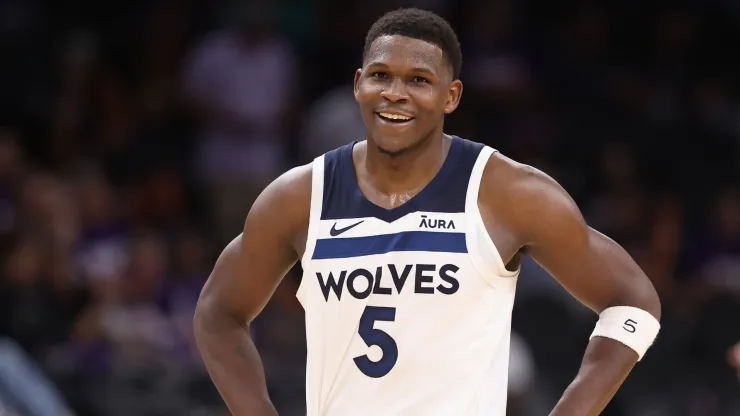 Anthony Edwards #5 of the Minnesota Timberwolves reacts during the second half of game three of the Western Conference First Round Playoffs at Footprint Center
