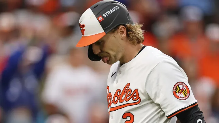 Gunnar Henderson #2 of the Baltimore Orioles reacts after striking out against the Kansas City Royals during the fifth inning of Game One of the Wild Card Series at Oriole Park at Camden Yards on October 01, 2024 in Baltimore, Maryland. (Photo by Patrick Smith/Getty Images)
