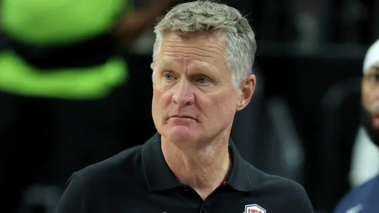 Head coach Steve Kerr of the United States gestures in the second half of an exhibition game against Canada ahead of the Paris Olympic Games.
