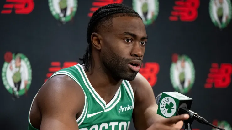 Jaylen Brown #7 of the Boston Celtics speaks to the media during Boston Celtics Media Day at The Auerbach Center on September 24, 2024 in Boston, Massachusetts. 
