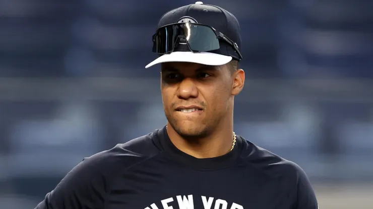 Juan Soto #22 of the New York Yankees looks on during a workout prior to the 2024 ALDS at Yankee Stadium on October 01, 2024 in the Bronx borough of New York City. 
