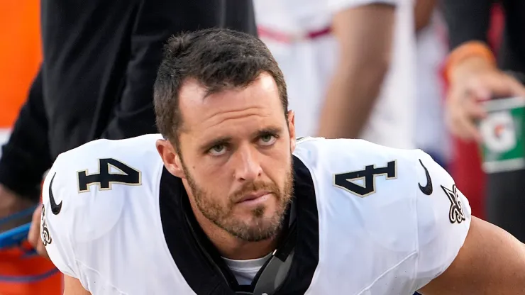 Derek Carr #4 of the New Orleans Saints looks on from the sidelines against the San Francisco 49ers during the second of of a preseason game at Levi's Stadium on August 18, 2024 in Santa Clara, California. 
