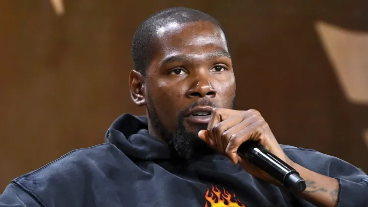 Kevin Durant speaks onstage during the Fanatics Fest NYC 2024 at Jacob Javits Center.
