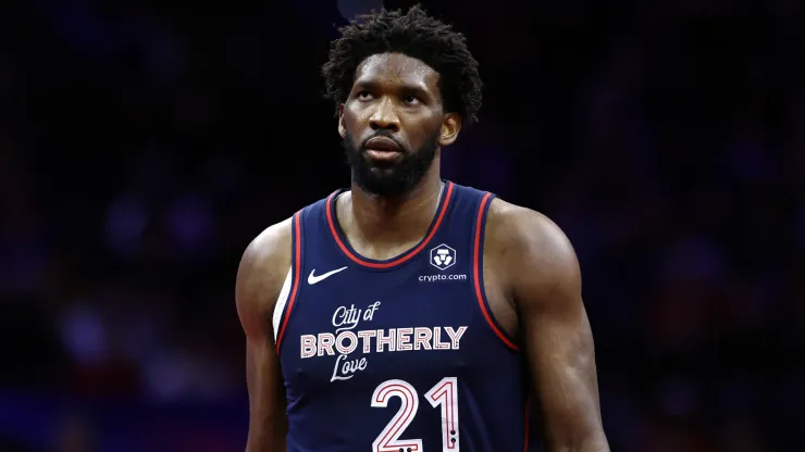 Joel Embiid #21 of the Philadelphia 76ers looks on during the fourth quarter against the Cleveland Cavaliers
