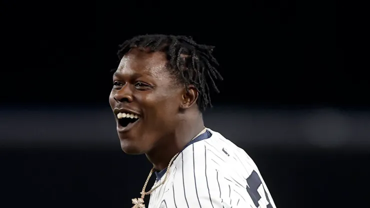 Jazz Chisholm Jr. #13 of the New York Yankees celebrates his eleventh inning game winning base hit against the Kansas City Royals at Yankee Stadium on September 11, 2024 in New York City.
