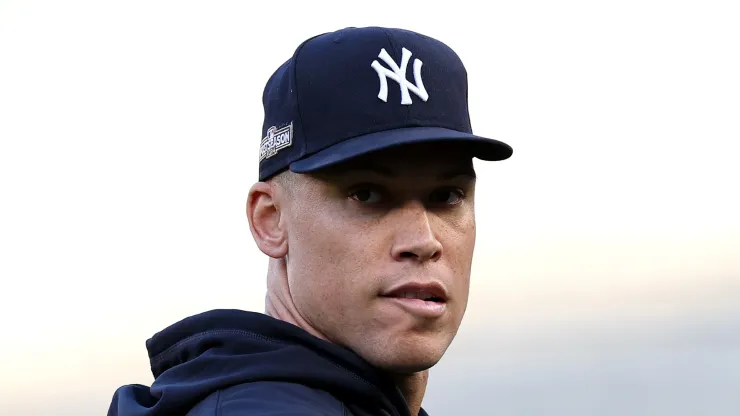 Aaron Judge #99 of the New York Yankees look on during a workout prior to the 2024 ALDS at Yankee Stadium on October 01, 2024 in the Bronx borough of New York City. 
