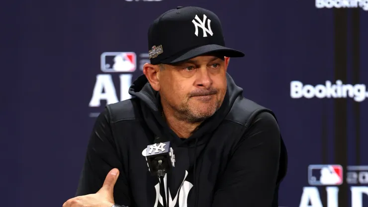 Manager Aaron Boone of the New York Yankees speaks to the media during a press conference ahead of the 2024 ALDS at Yankee Stadium on October 01, 2024 in the Bronx borough of New York City. 
