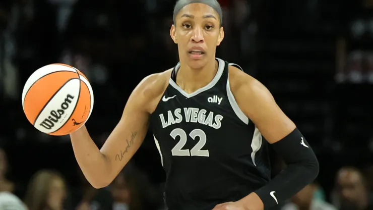 A'ja Wilson #22 of the Las Vegas Aces brings the ball up the court against the New York Liberty in the second quarter of Game Three of the 2024 WNBA Playoffs semifinals at Michelob ULTRA Arena on October 04, 2024 in Las Vegas, Nevada. The Aces defeated the Liberty 95-81.
