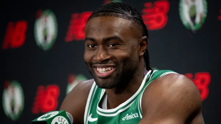 Jaylen Brown #7 of the Boston Celtics speaks to the media during Boston Celtics Media Day
