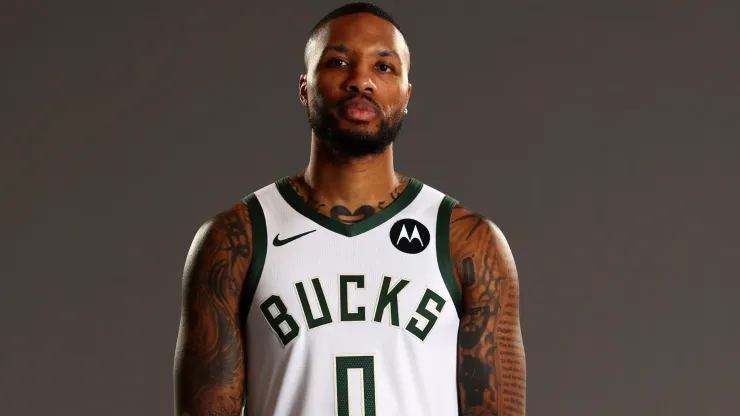 Damian Lillard #0 of the Milwaukee Bucks poses for a portrait during media day
