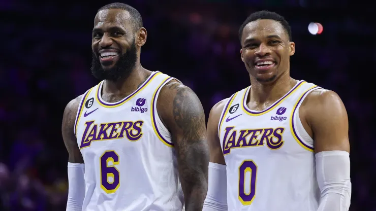 LeBron James #6 and Russell Westbrook #0 of the Los Angeles Lakers speak during the fourth quarter against the Philadelphia 76ers
