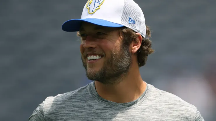 Matthew Stafford #9 of the Los Angeles Rams smiles on the field before a preseason game against the Dallas Cowboys at SoFi Stadium on August 11, 2024 in Inglewood, California.
